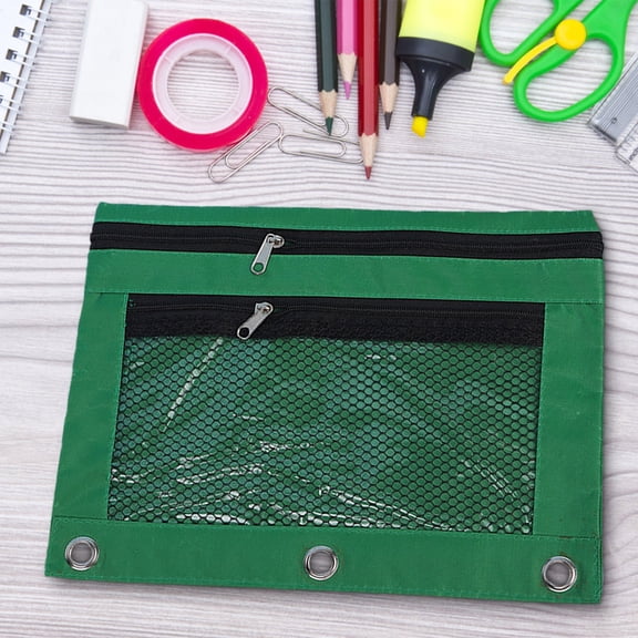 Snmubt Green 3-Ring Zipper Pencil Pouch, Oxford Cloth Binder Case with Clear Window, Double Compartment Storage Bag for Pens & Stationery