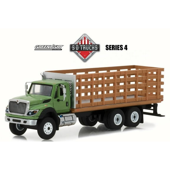 2018 International WorkStar Platform Stake Truck, Green w/ Brown - Greenlight 45040B/48 - 1/64 Scale Diecast Model Toy Car