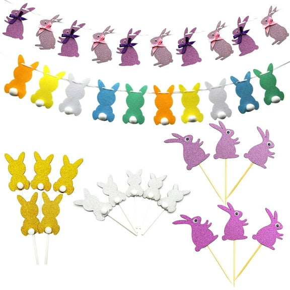 Dserhfy Easter Day Rabbit Bunny Hanging Flag Banners Bunting Cake Topper Party Decor
