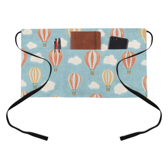 Hot Air Balloon Kitchen Restaurant Half Waist Apron, Vintage Sky Clouds Rustic Nostalgic Server Short Apron with 3 Pockets Waterproof Oil Waist Aprons for Women Waitress Waiter