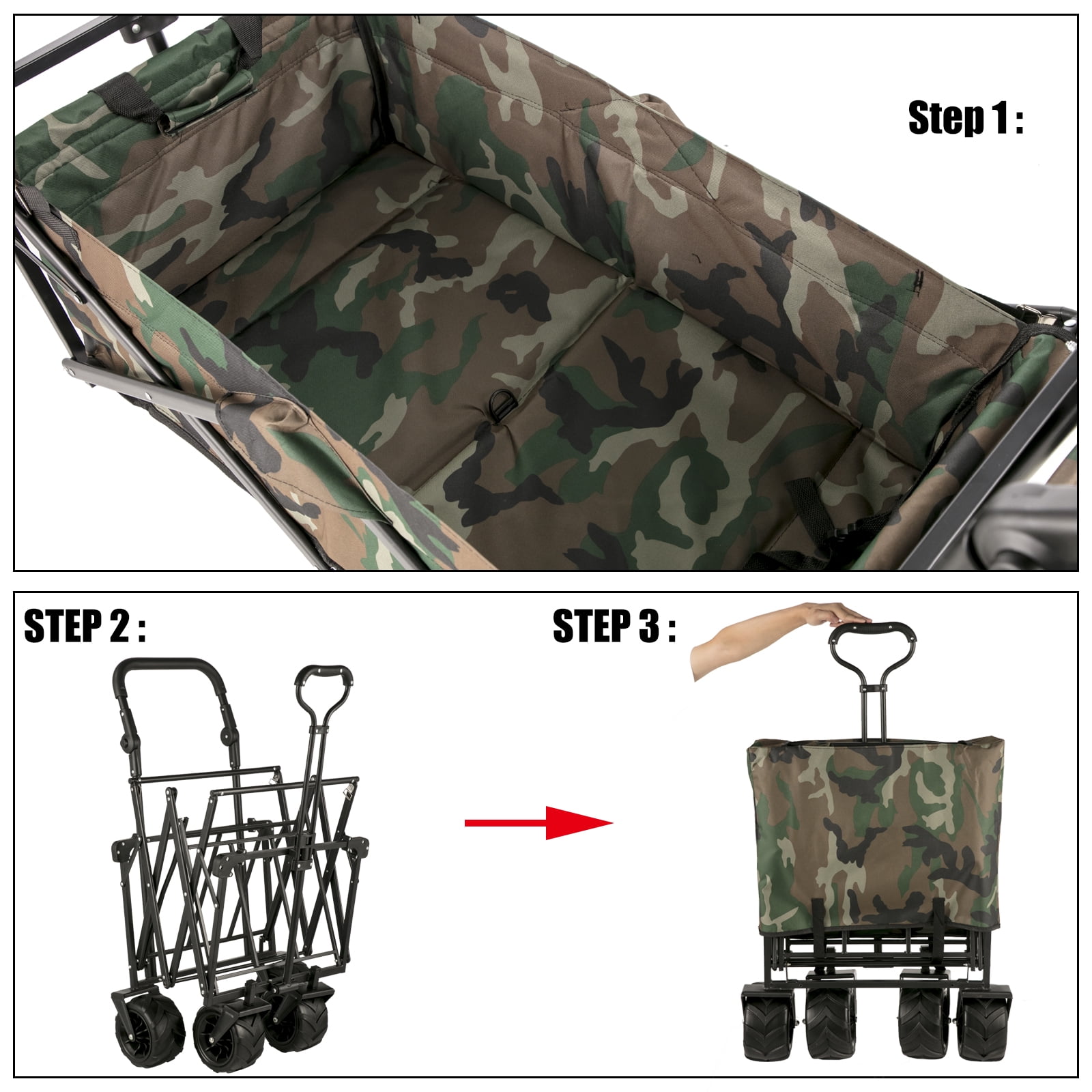 BENTISM Collapsible Wagon Cart, Folding Utility Garden Cart with Removable Canopy 600D Oxford Cloth,Wide Large All Terrain Wheels,Adjustable Handles Beach Cart for Camping (Camouflage)