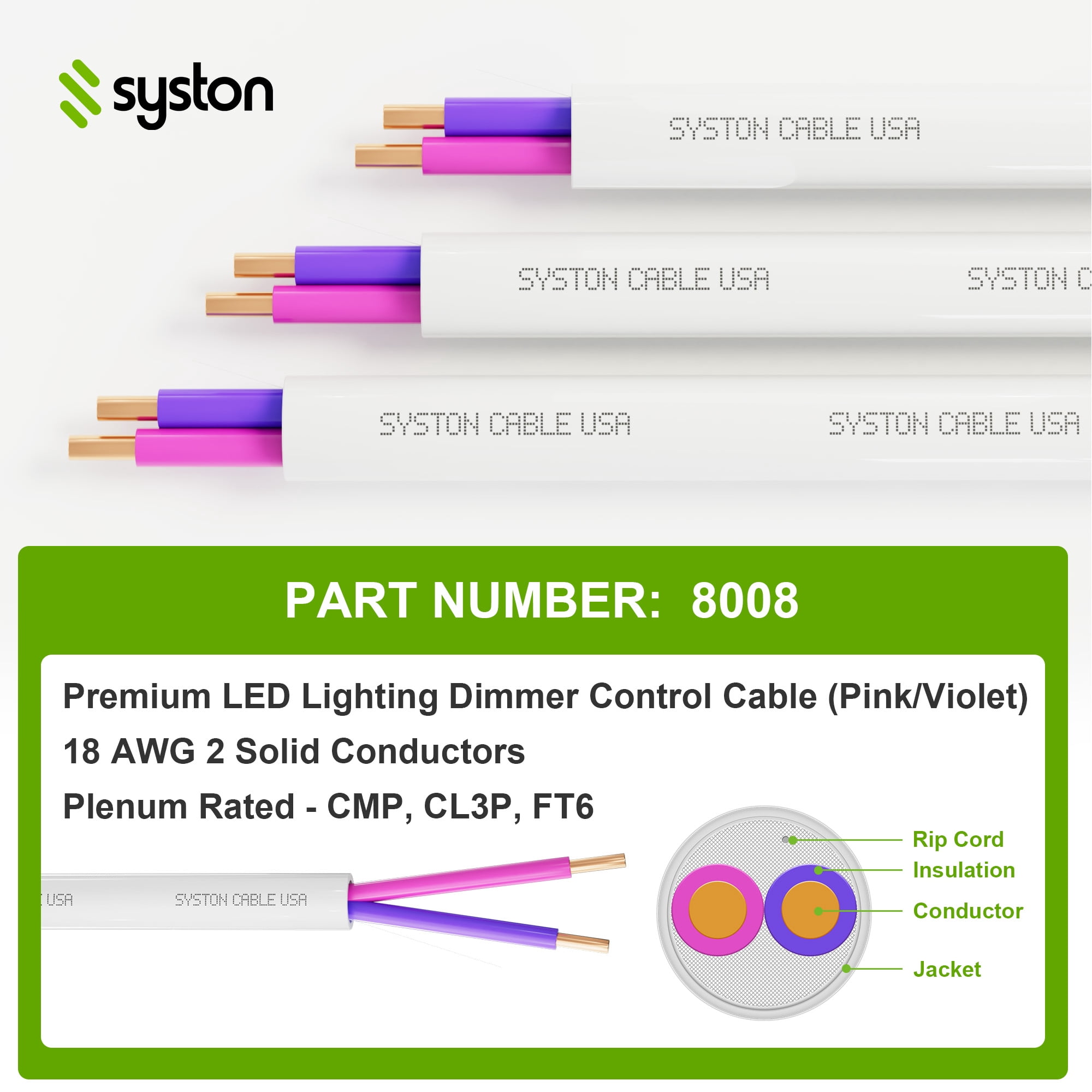 SYSTON CABLE TECH 18/2 LED Lighting Dimmer Dimming Luminaire Control Wire Cable, 18 AWG 2 Conductors Solid Bare Copper Unshielded Plenum Rated CMP CL3P FT6, for Ballast Wiring and Connection - 1000FT