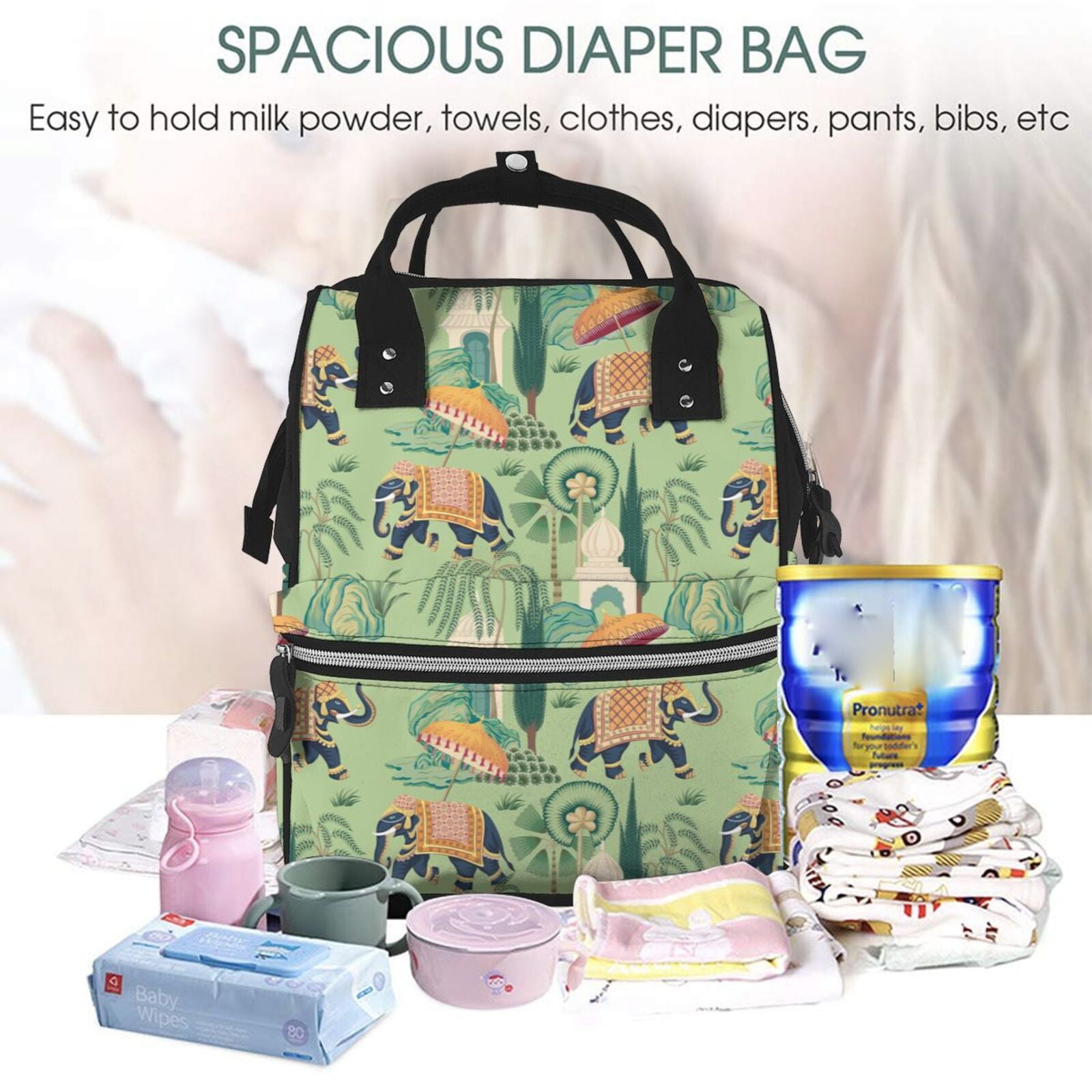 Fuzoiu Indian elephant Print Diaper Bag Backpack,Baby Essentials Travel Tote,Multi function Waterproof Diaper Bag, Travel Essentials Baby Bag - Unisex