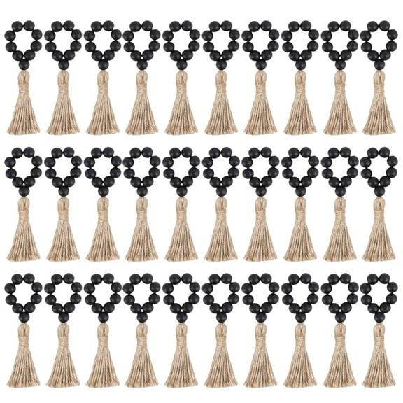 30pcs Farmhouses Style Elastic Napkin Rings with Wood Beads and Linen Tassels
