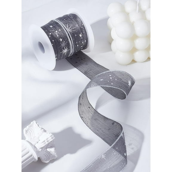 10 Yards Gray Silver Stamping Star Organza Ribbons Organza Satin Webbing Craft Ribbon 1 Inch Sheer Wrapping Trim for DIY handcrafting