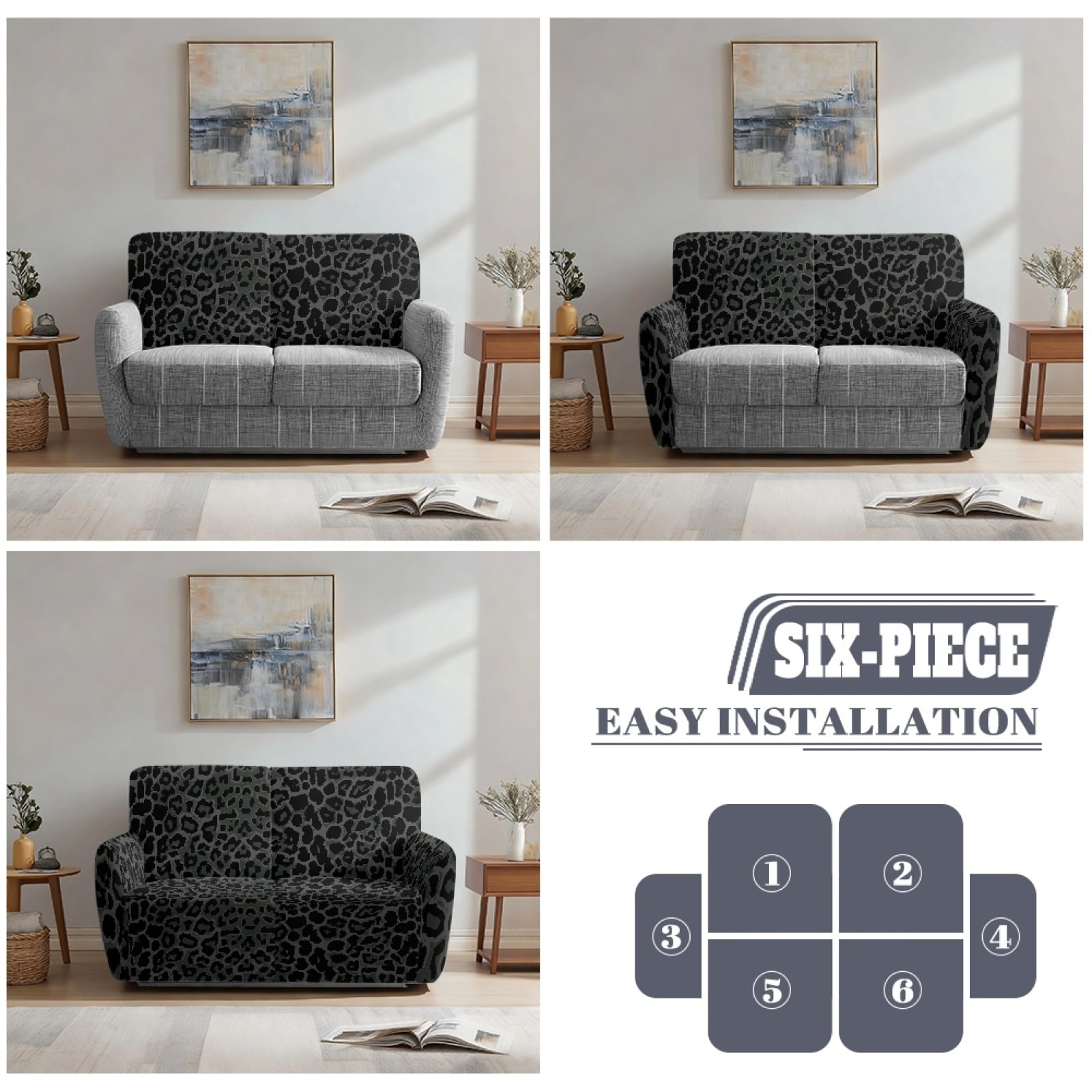 Xoenoiee Black Leopard Print Reclining Loveseat Slipcover, Washable 6-Piece Velvet Stretch Sofa Covers, Soft 2 Seat Loveseat Recliner Cover
