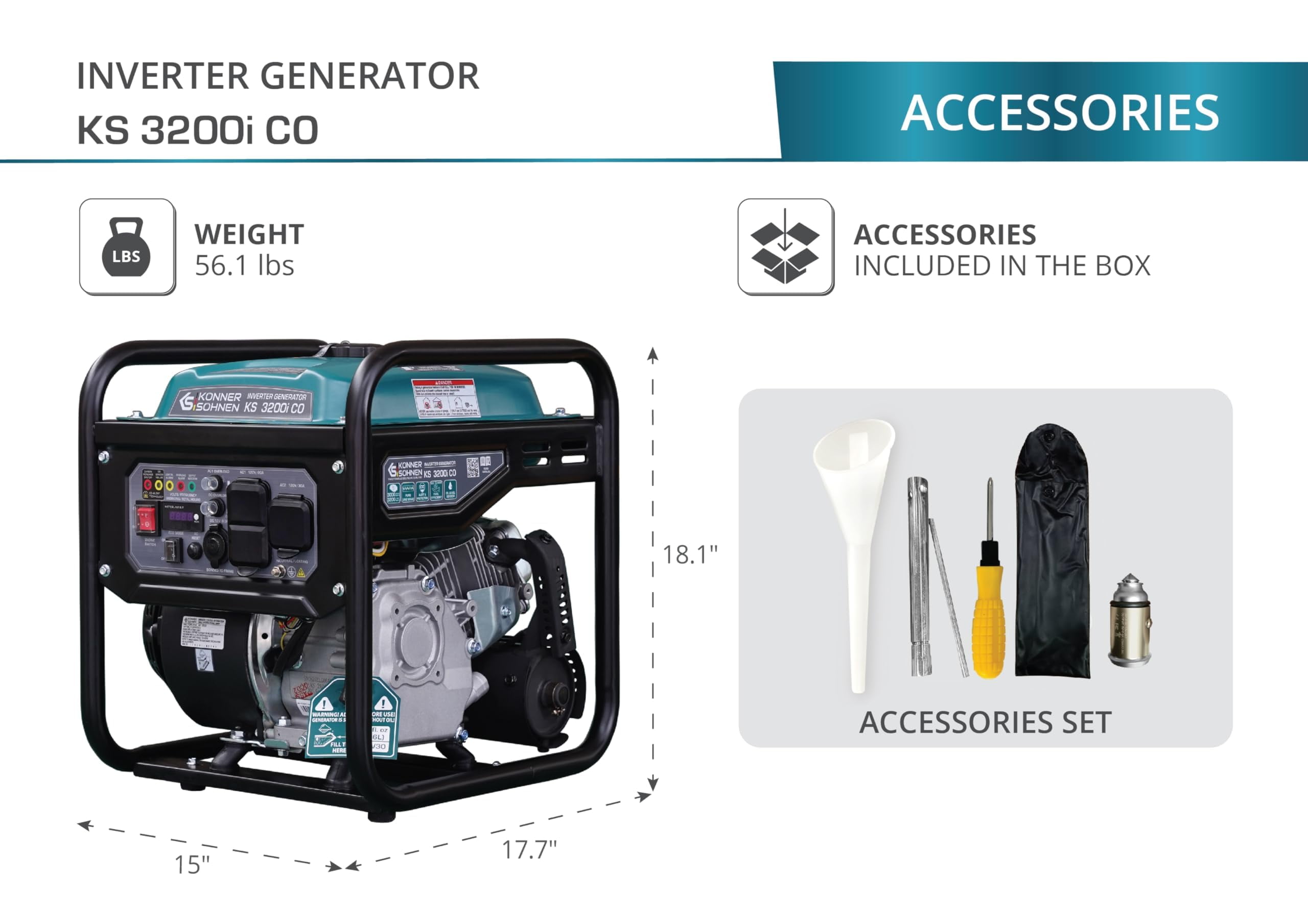 Konner & Sohnen Gasoline Inverter Generator 3200 Watts with CO Sensor and Fuel-Efficient Technology Open Frame Recoil Start for Home Backup Camping