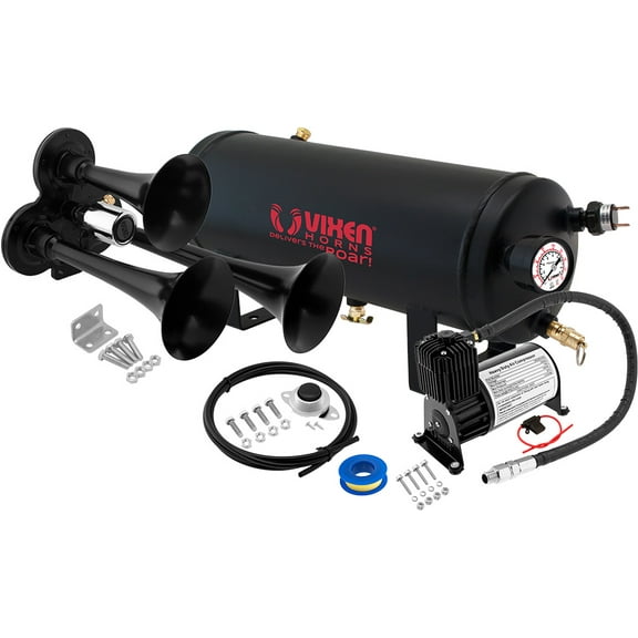 Vixen Horns Train Horn Kit for Trucks/Car/Semi. Complete Onboard System- 150psi Air Compressor, 1.5 Gallon Tank, 3 Trumpets. Super Loud dB. Fits Vehicles like Pickup/Jeep/RV/SUV 12v VXO8715B/3311B
