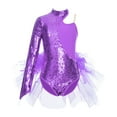 thumbnail image 3 of Aislor Girls Sequins Leotard Bodysuit Single Long Sleeve Gymnastic Dance Performance Purple 6, 3 of 6