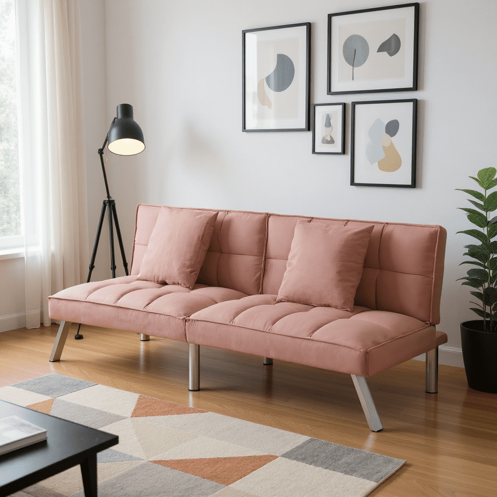 BSHTI 73 inch Modern Futon Sofa Bed with 5-Angle Adjustable Backrest, Pink Velvet Upholstery, Twin Sleeper for Home, Office, Guest Room