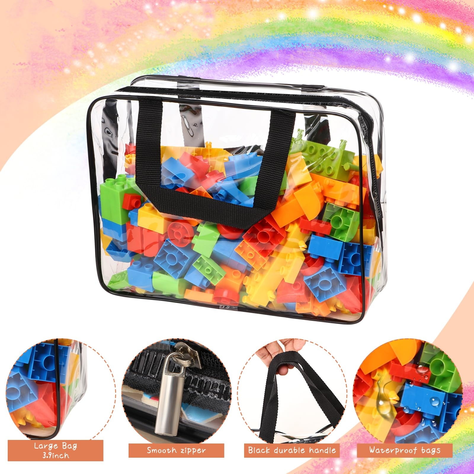 4 Pack Toy Storage Bags, Clear Zipper Bags for Organizing, Waterproof Toy Bags for Board Games, Building Blocks, Small Toys and Kids Books, Black