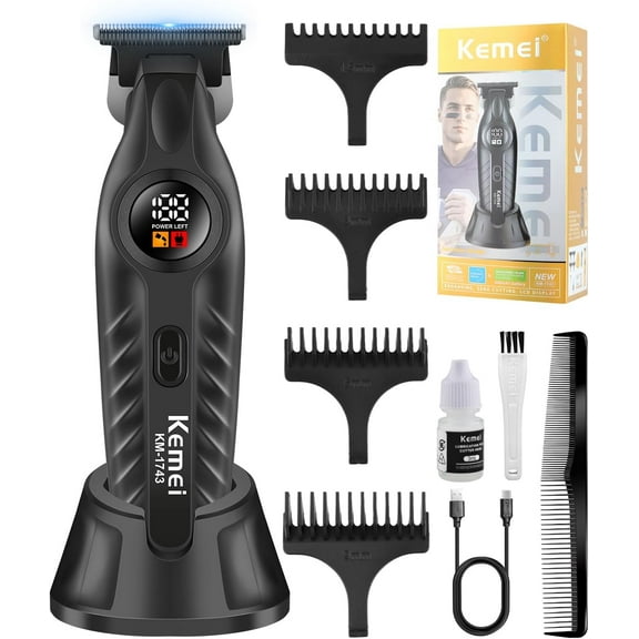KEMEI 1743 Professional Hair Clippers for Men, Cordless Beard Trimmer, Electric T-Blade Zero Gap Hair Trimmer, USB Rechargeable with 4 Guide Combs