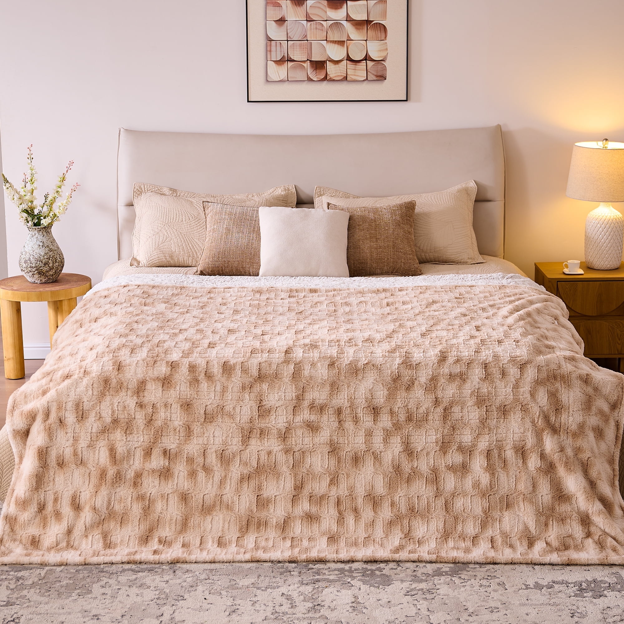 Ocuuziisu 90" × 100" Electric Blanket, King Size Heated Blanket, Brushed Faux Fur & Flannel, 9 Heat Levels, 1–10H Timer, Camel