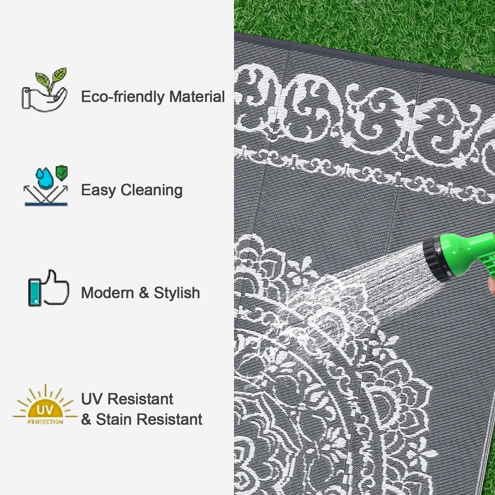 Gavee 5'x8' Boho Outdoor Rug, Waterproof Reversible Patio Area Rug Indoor Outdoor Carpet, Plastic Straw Rug RV Outdoor Mat for Camping Deck Balcony, Porch, Picnic, Gray and White