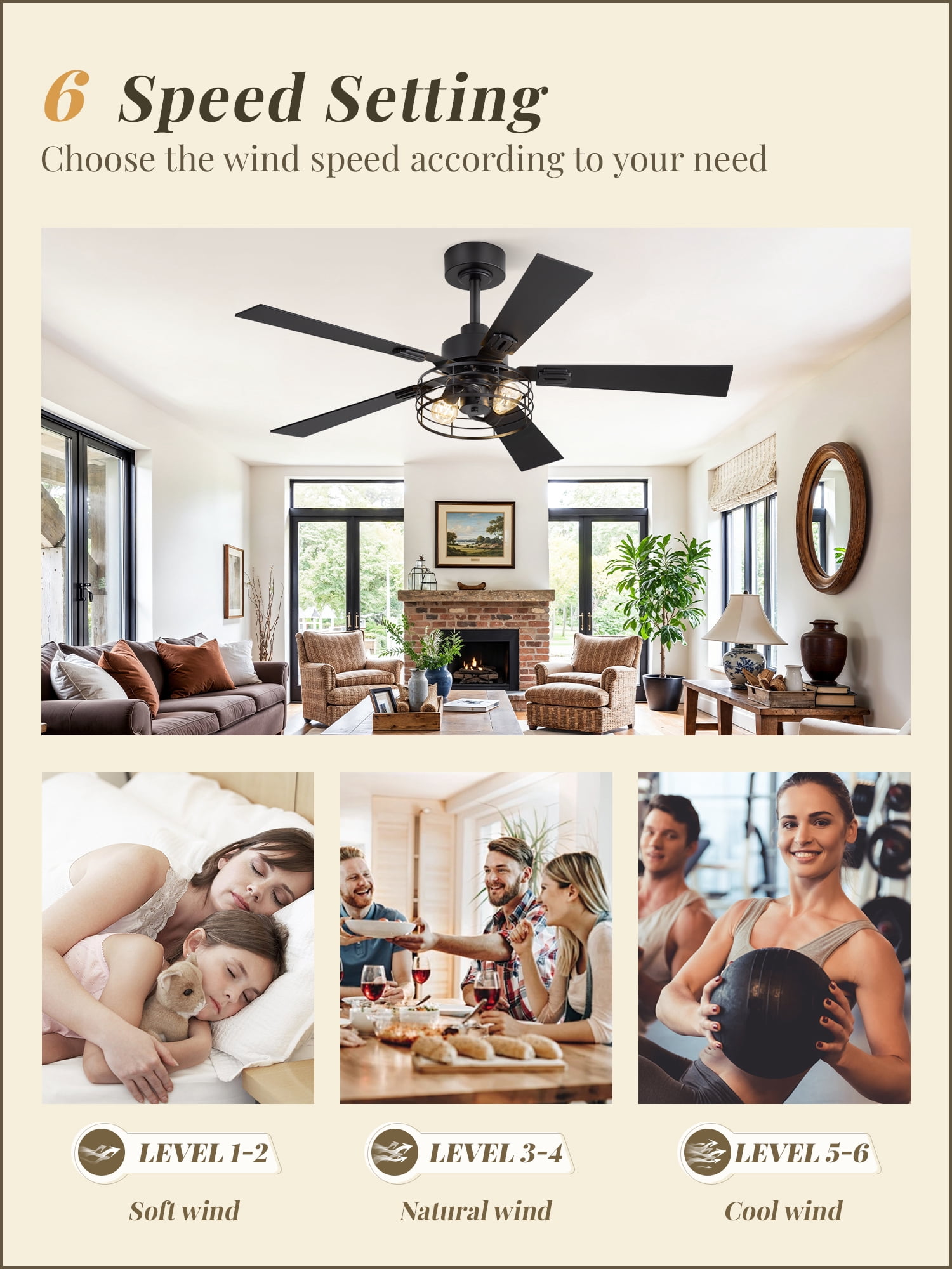 Lokivas 48" 2 Pack Caged Farmhouse Ceiling Fan with Lights, 6-Speed Reversible DC Motor, Double-Sided Blades, Black