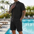 thumbnail image 5 of HBGVBA Men Solid Color Casual Vintage Linen Elastic Waist Shorts Button Stand Collar Pocket Short Sleeve Shirt 2 Piece Beach Set, 5 of 5