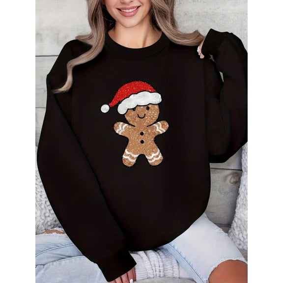 Women's Christmas Gingerbread For Man Graphic Print Crew Neck Sweatshirt - Vibrant Red Casual Pullover, Cozy Winter & Fall Holiday Sweater, Machine Washable, Gingerbread Christmas Decor, Festive Swe