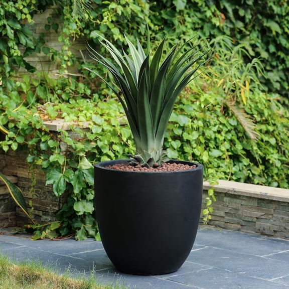 LuxenHome 17.5" Dia Round Planter, Indoor Outdoor Large  Pot with Drainage Hole and Rubber Plug, Modern Black Smooth Flower Pot for , Handmade Concrete Planter Pot for Home Garden Patio