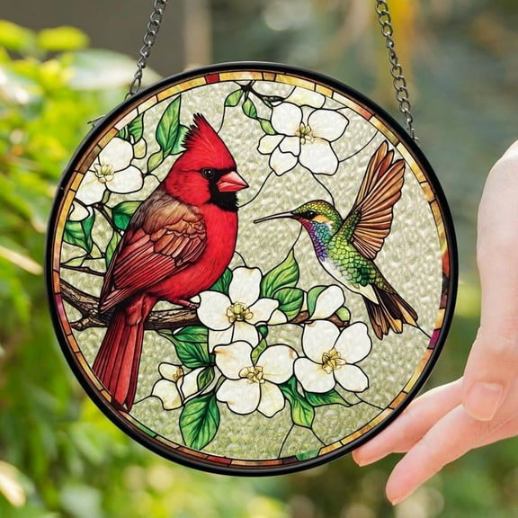 Hummingbird Cardinal Flower Stained Glass Suncatcher, Cardinal Memorial Window Hangings, Hummingbird Lover Suncatcher, Cardinal Lover Gift