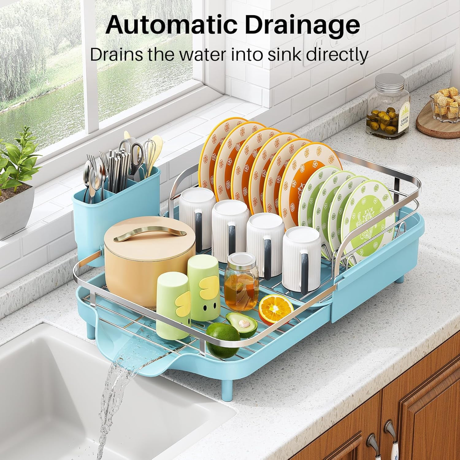 Dish Drying Rack - Expandable Dish Rack for Kitchen Counter, Rust-Resistant Dish Drainer with Utensil Holder and Raised Guardrail, Kitchen Organizer for Cup and Bottle (Blue)