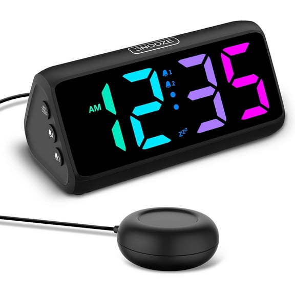 Loud Alarm Clock for Heavy Sleepers, Plug-in RGB Vibrating Alarm Clocks with Bed Shaker, 5 Dimmers, 2 Alarms and Snooze for Bedrooms Hearing Impaired Deaf Adults (Black)