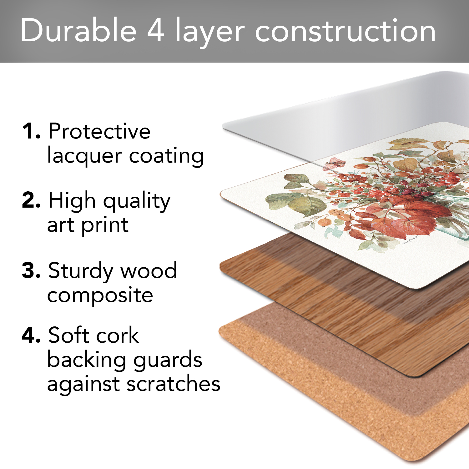 Cala Home "Autumn In Nature" Premium Decorative Hardboard Cork Back Tabletop Placemats 4 Pack