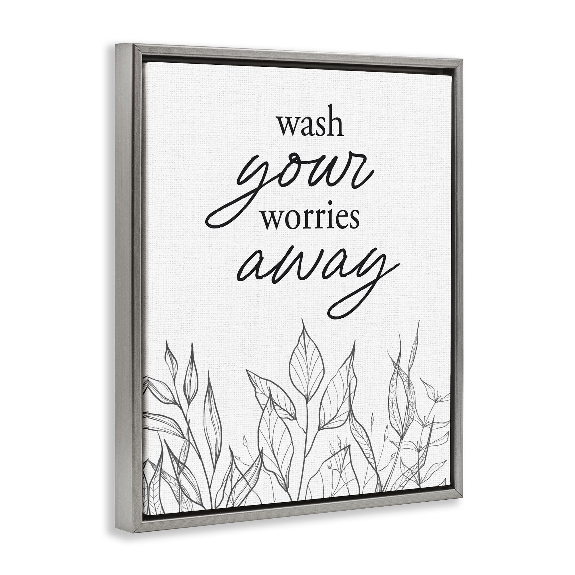 Wash Your Worries Away Minimalist Gray Framed Floater Canvas Wall Art, design by Lettered and Lined