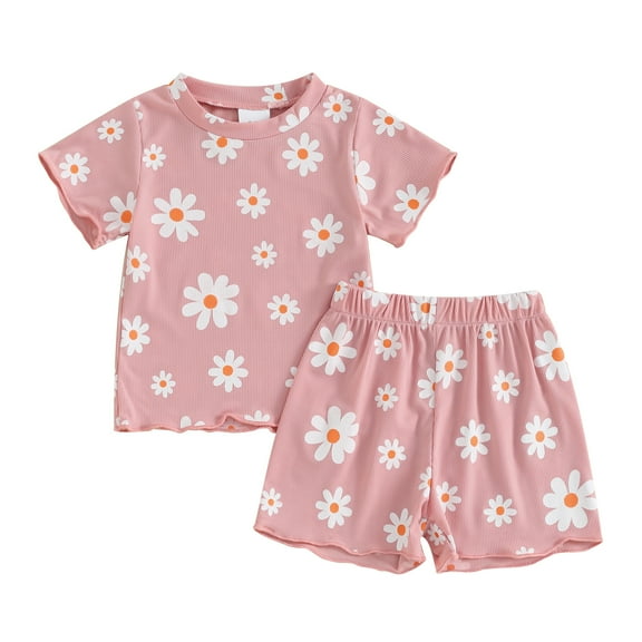 Musuos Toddler Girl Summer Outfit 6 12 18 24M 3T Floral Print Crew Neck Short Sleeve T-Shirts Tops and Shorts 2Pcs Clothes Set