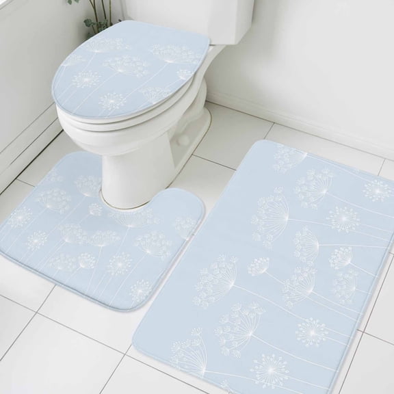 Dandelion Bathroom Rugs Set Spring White Dandelion Floral Blue Background Non Slip Absorbent Soft Bath Mats 3 Piece Set with Bathroom Rug, U-Shaped Floor Mat, Toilet Seat Cover Small Size