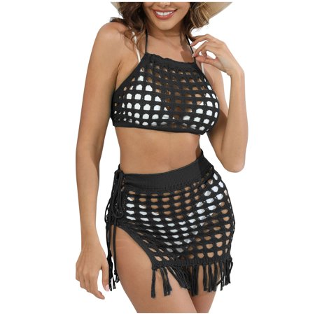 Idoravan Beach Cover ups for Women Women s Sexy Perspective Hollowed Out Woven Shirt Beach Bikini Cover Up Two-piece Set