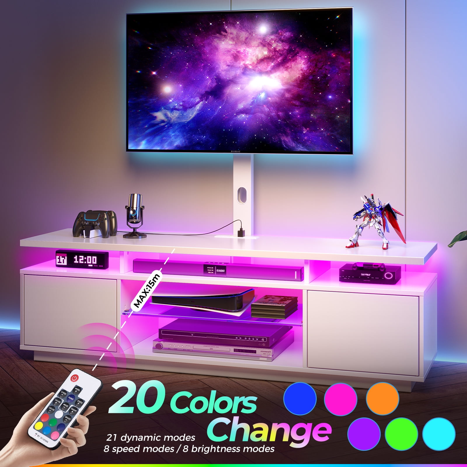 Greenstell TV Stand and Mount for 32" to 70", TV Table with Power Outlet, Gaming Modern Entertainment Center with Storage, LED Light, Height Adjustable, 51", White