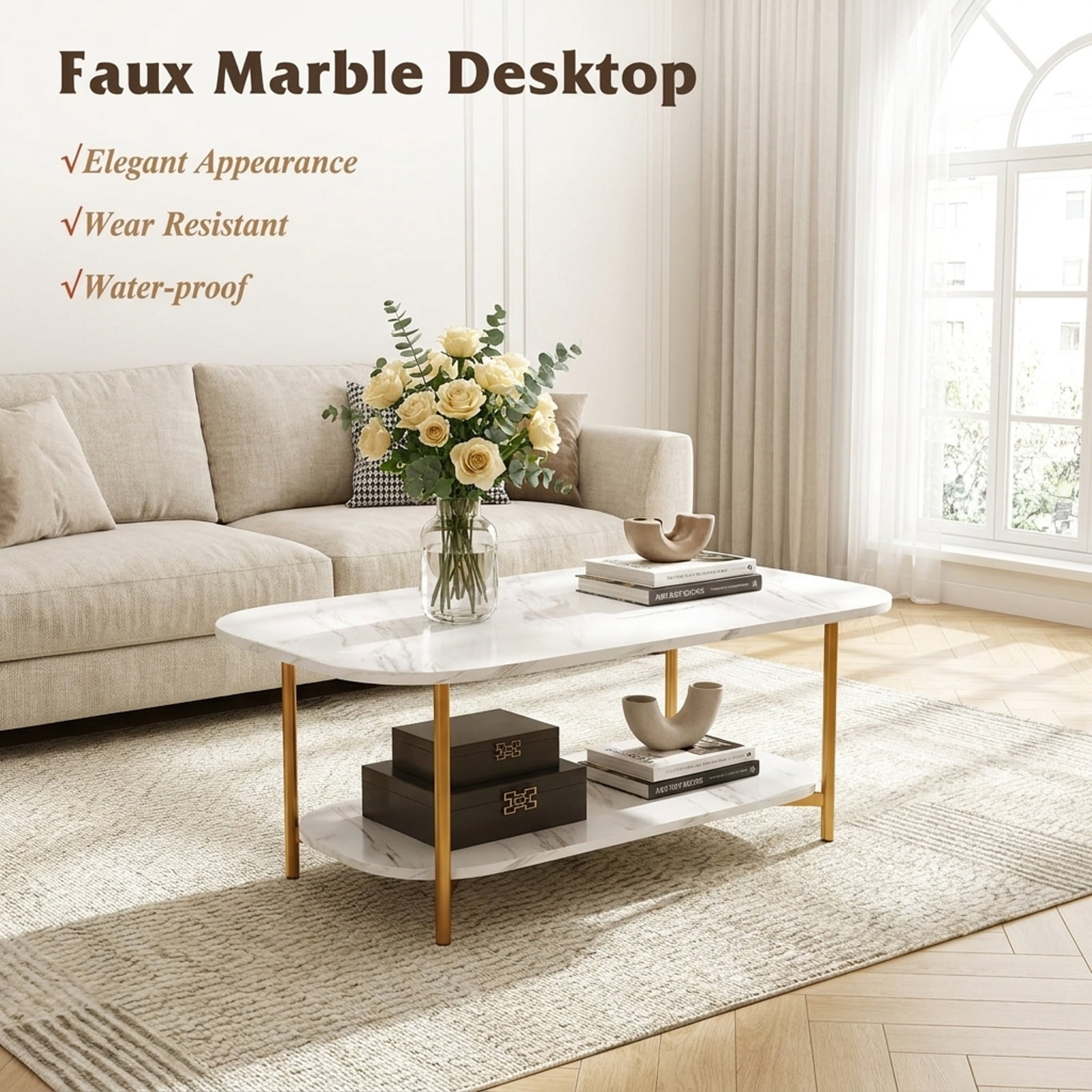 Furnibear Modern 2-Tier Coffee Table with Faux Marble Top Powder-Coated Metal Frame and Storage Shelf for Living Room and Study, White