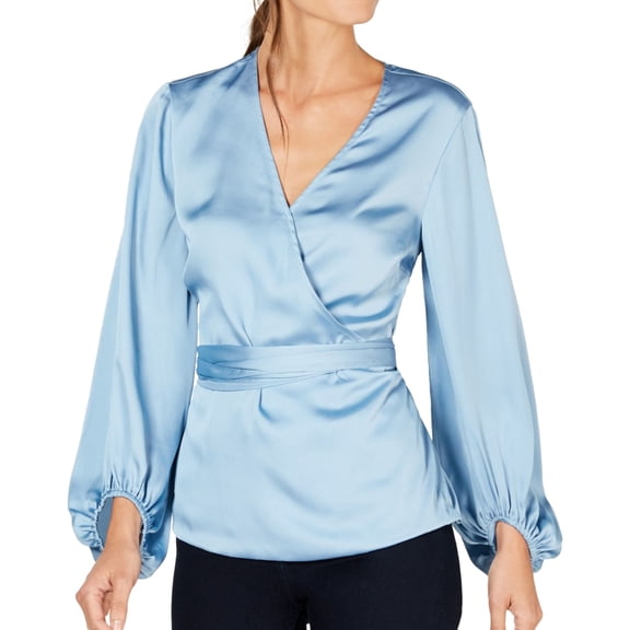 I.N.C Womens Blouson Sleeve Wrap Blouse, Blue, Petite, PXL