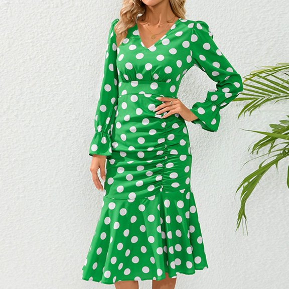 pstuiky Dresses for Women, Women Long-Sleeved V-Neck Dress Polka Dot Print Dress Bag Hip Skirt Mid-Calf Dress Leisure Green M