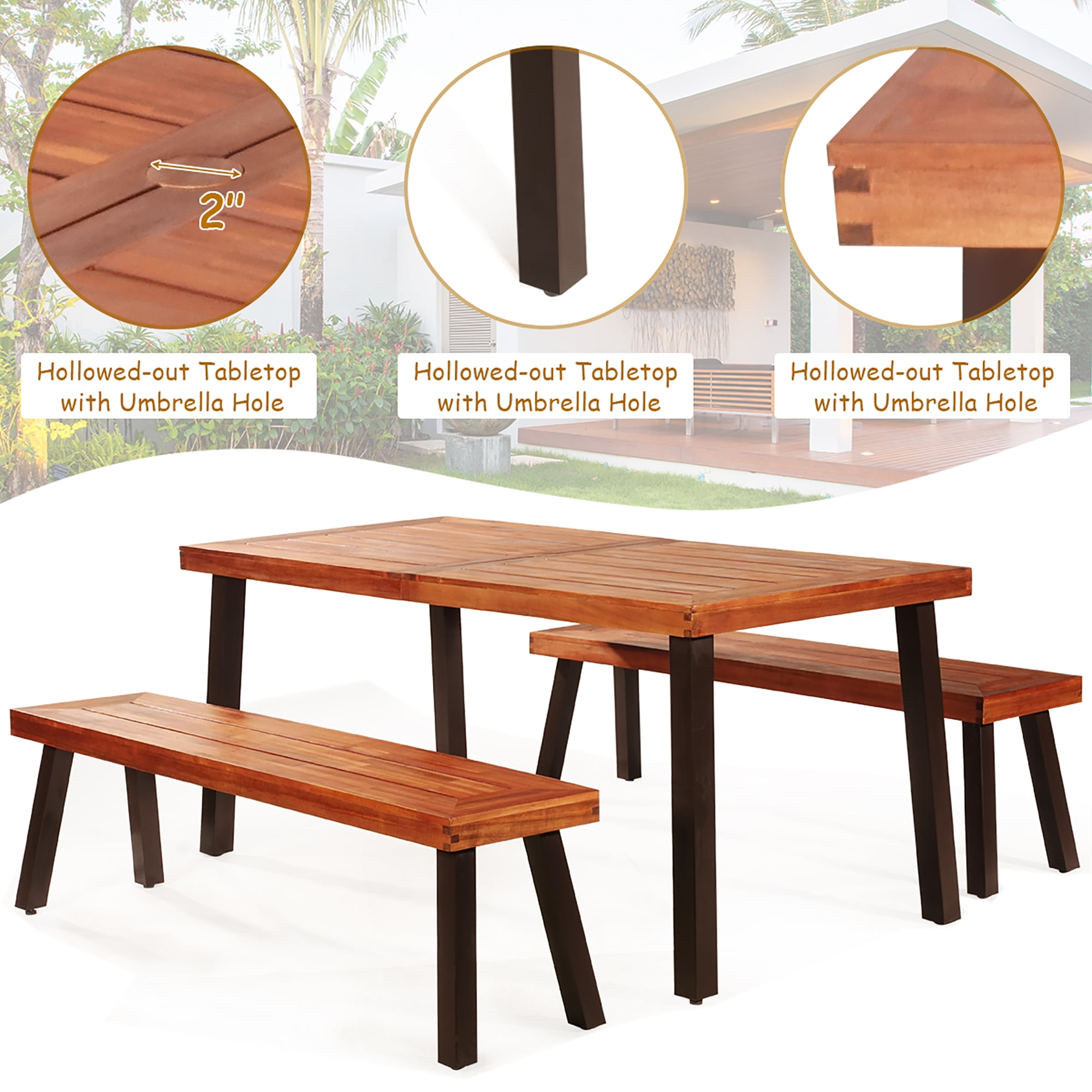 Costway Acacia Wooden Patio Dining Set with Separate Benches
