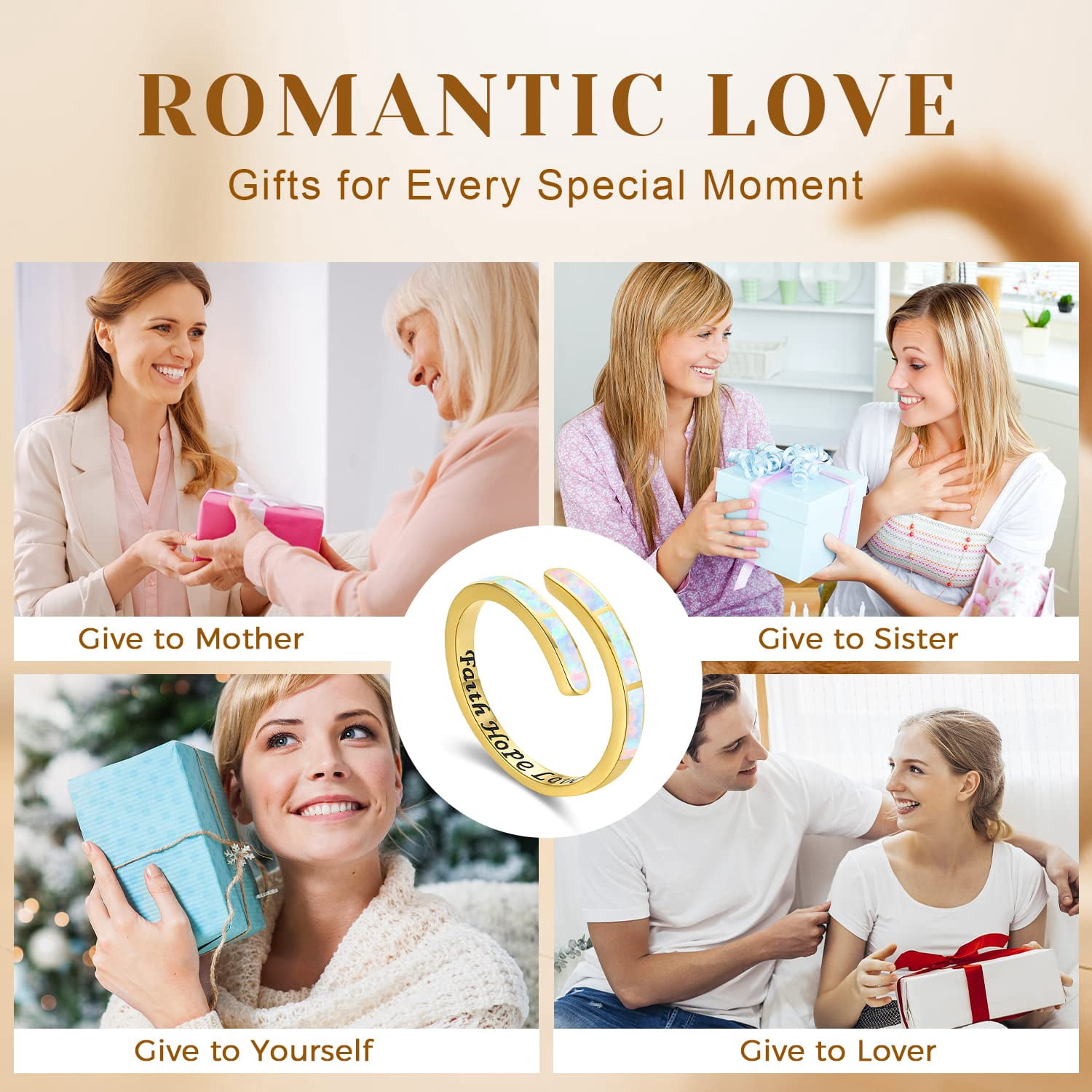 Coachuhhar Opal Rings for Women 925 Sterling Silver Faith Hope Love Rings Gold Adjustable Open Rings Opal Jewelry for Mother's Day