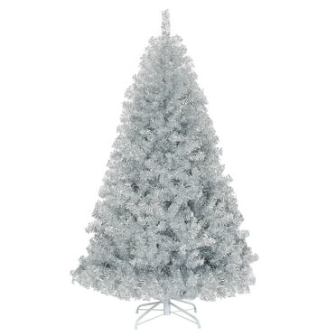 6 Ft Artificial Christmas Tree Silver Tinsel Hinged Tree for Holiday