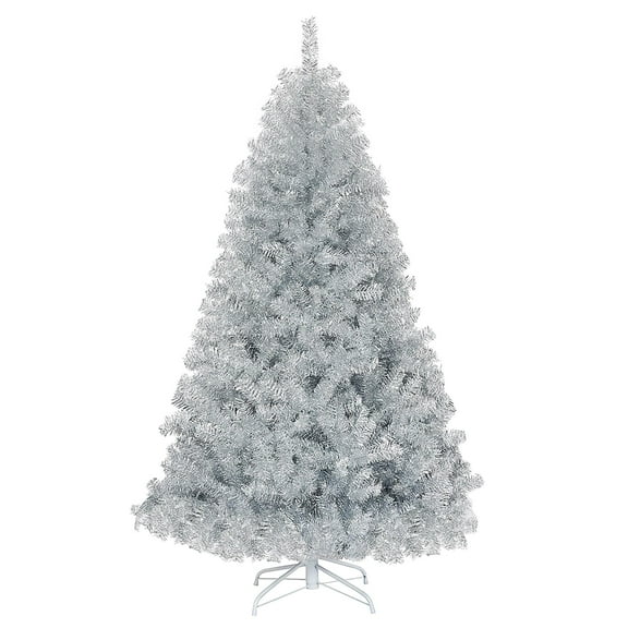 6 Ft Artificial Christmas Tree Silver Tinsel Hinged Tree for Holiday