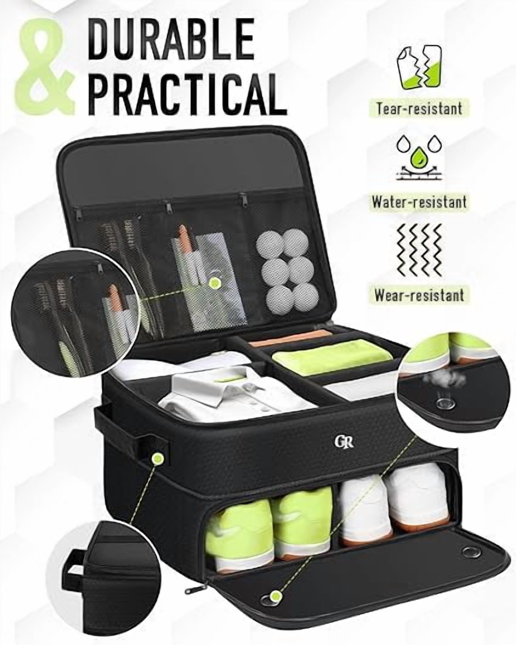 Odor-Absorbing 2-Layer Golf Trunk Organizer with Activated Carbon Fabric - Water-Resistant Golf Shoe Bag for Shoes Balls Tees Clothes Gloves Golf Accessories, Fathers Day Dad Gifts for Men