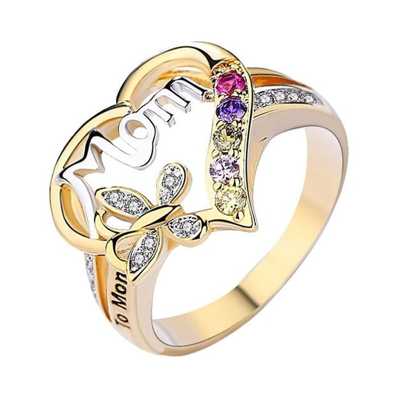 Fashion Heart-shaped Love Mom Two Tone Diamond Band Rings