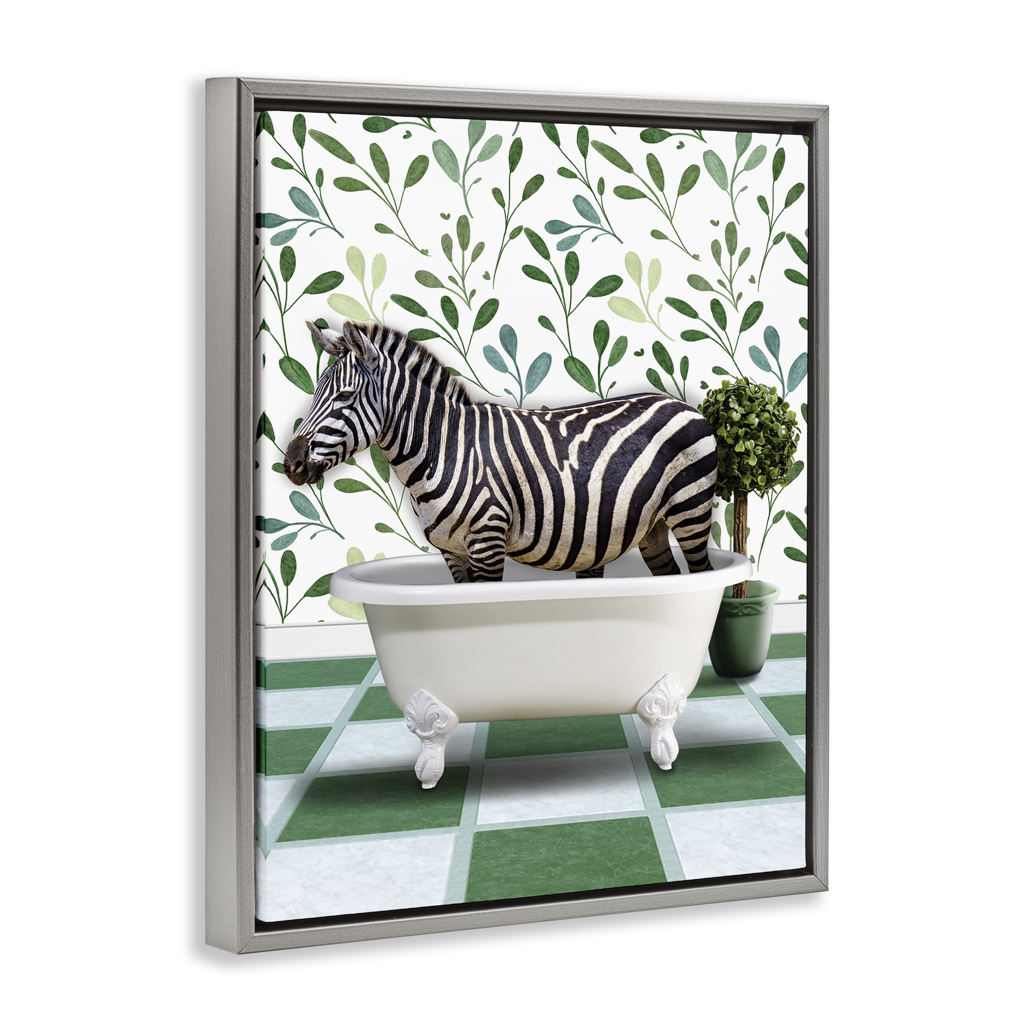 Stupell Industries Zebra in Green Bathroom Bath & Laundry Painting Gray Floater Framed Canvas Art Print Wall Art, 17 x 21