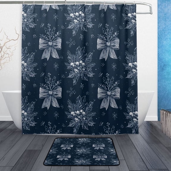 TTYFWHD 60" x 72" Shower Curtain and Bath Mat Set Silver Christmas Bows Pattern Waterproof Bathroom Curtain with 12 Hooks, Bathroom Decor Set