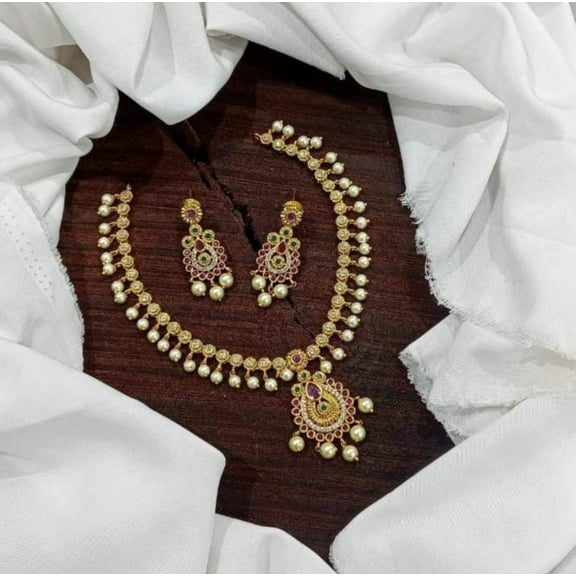South Indian Bollywood Gold-Plated Pearl Necklace Set – Ruby, White & Green AD CZ Kemp Stones with Matte Finish & Matching Drop Earrings