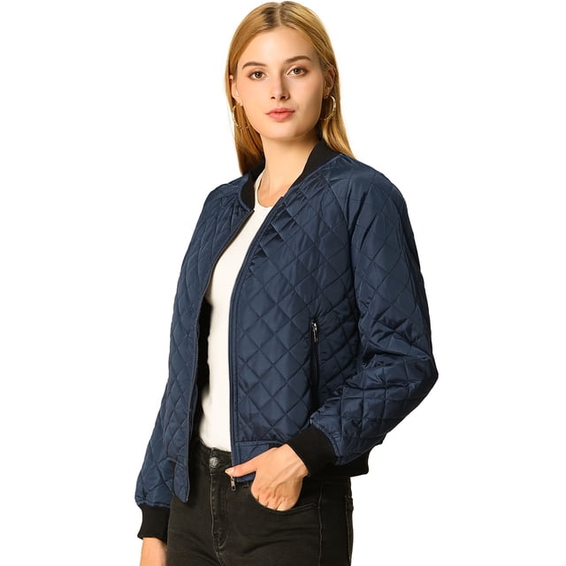 Chaqueta bomber acolchada Allegra K con cremallera y mangas largas Azul XS