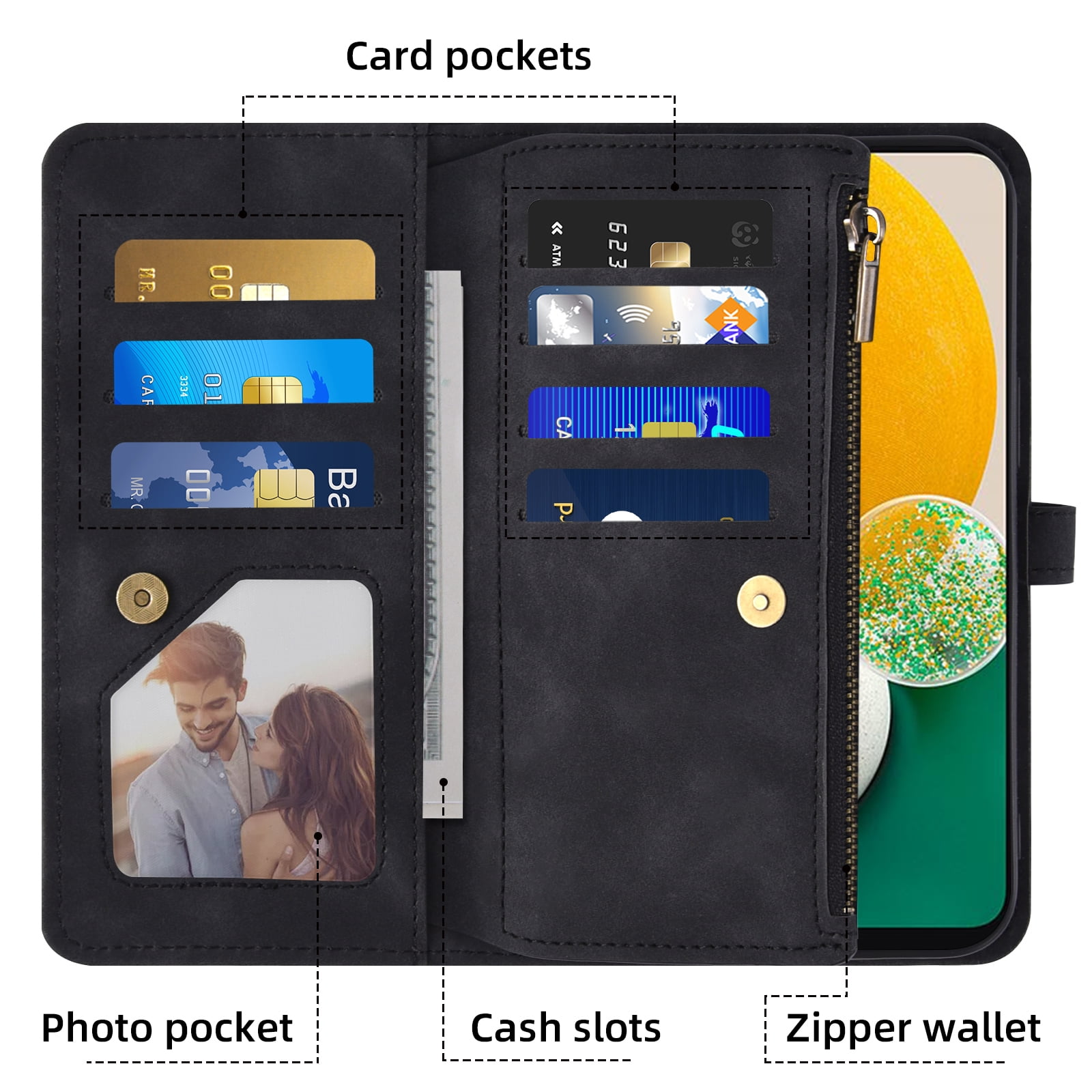 Asuwish Phone Case for Samsung Galaxy A13 4G/5G Wallet Cover With Tempered Glass Screen Protector Crossbody Wrist Strap Flip Pattern Zipper Credit Card Holder Cell A04s M13 G5 A 13 LTE 13A 2022 Black