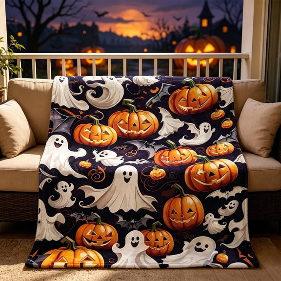 Halloween Fleece Blanket Ghost and Pumpkin Motif Soft Cozy Throw Blanket Warm Lightweight Decorative Blanket for Sofa Bedroom Living Room Decor