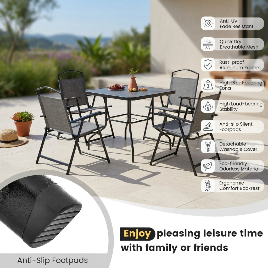 Hommoo 4-Pack Folding Patio Chairs, Heavy-Duty Steel Frame, Breathable Fabric Seats, Easy-Fold for Backyard, Poolside & Garden Use, Gray