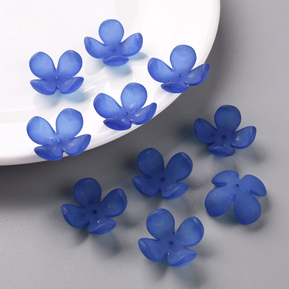 Frosted Acrylic Bead Caps 4-Petal Flower Royal Blue 27x27x11mm Hole: 1.8mm about 276pcs/500g