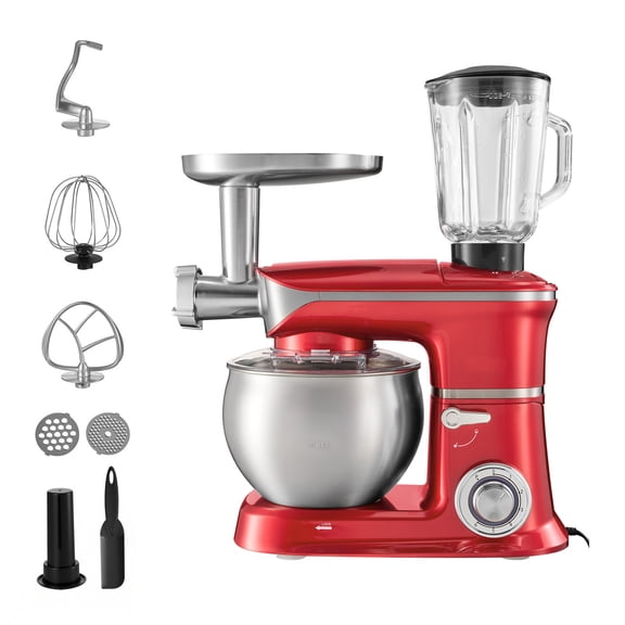 KFFKFF 6.3 Qt 3-in-1 Tilt-Head Stand Mixer, 400W Electric Kitchen Mixer with Stainless Steel Bowl, Includes Meat Grinder, Blender Attachments, Dough Hook, Whisk, and Beater
