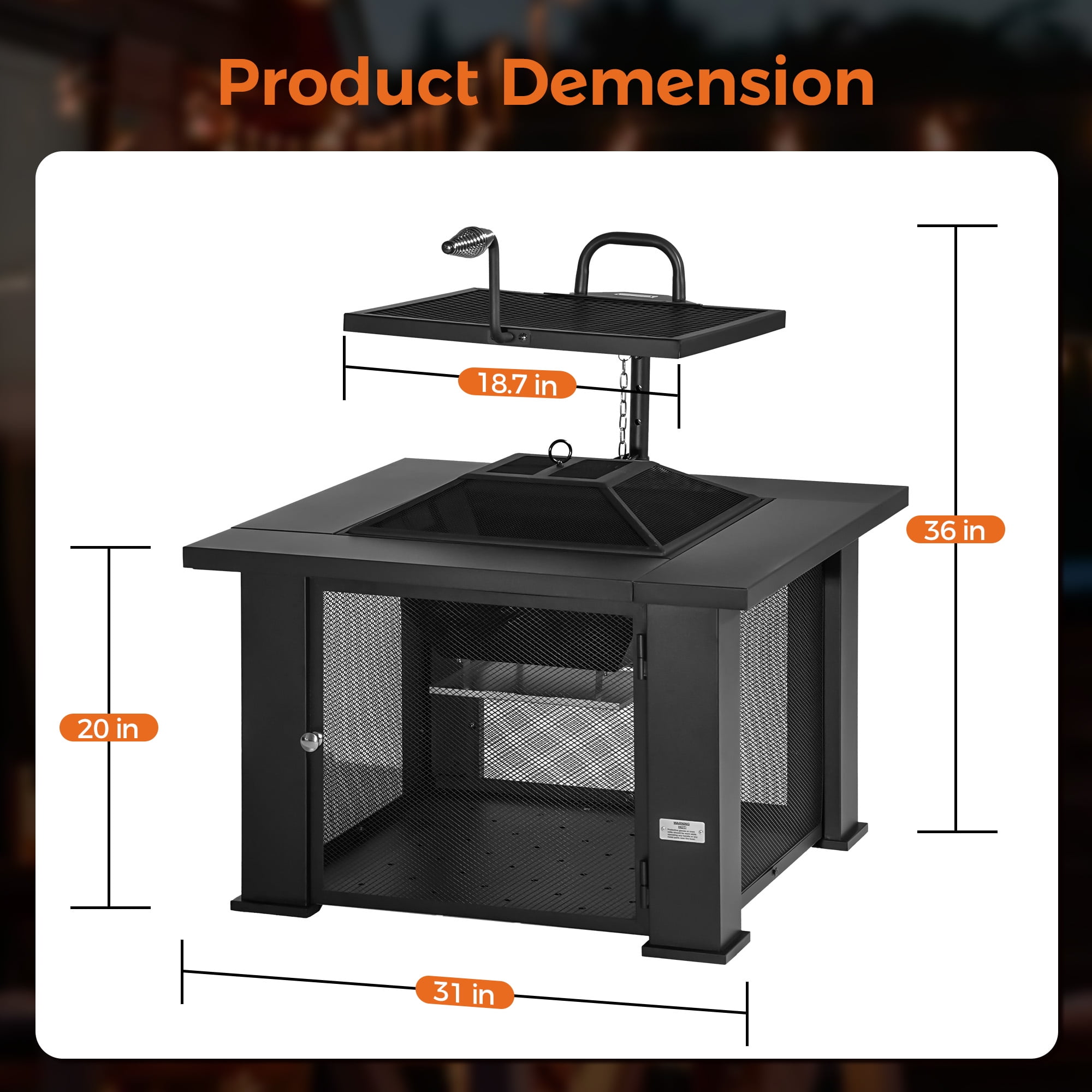 BALI OUTDOORS 3 in 1 Square Fire Pit with Grill, 31 inch Wood Burning Firepits with Poker for Patio, Backyard